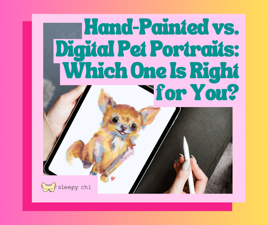 Traditional Hand Painted vs Digital Pet Portraits Which One Is Right for You blog image - painting of a chihuahua on an ipad at sleepychi