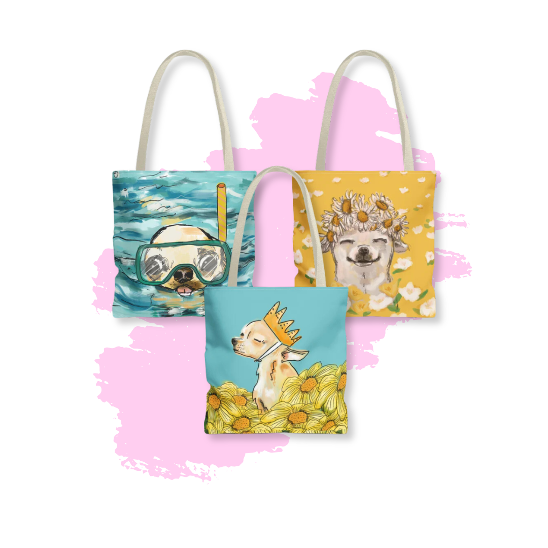 dog tote bags cute canvas totes for shopping and grocery with a pink brush background