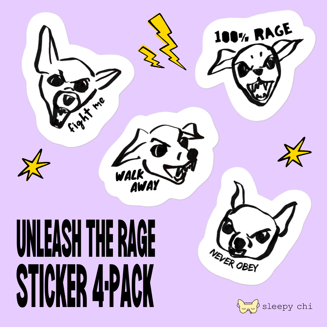 4 angry dog stickers that show mad barking chihuahuas on a purple background with lightning and star graphics around them - image says unleash the rage sticker -pack with the sleepy chi logo at the bottom
