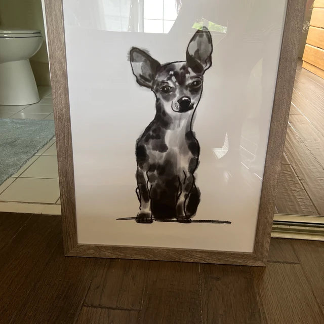 black and white chihuahua from a sleepy chi shopper print is in a wooden frame