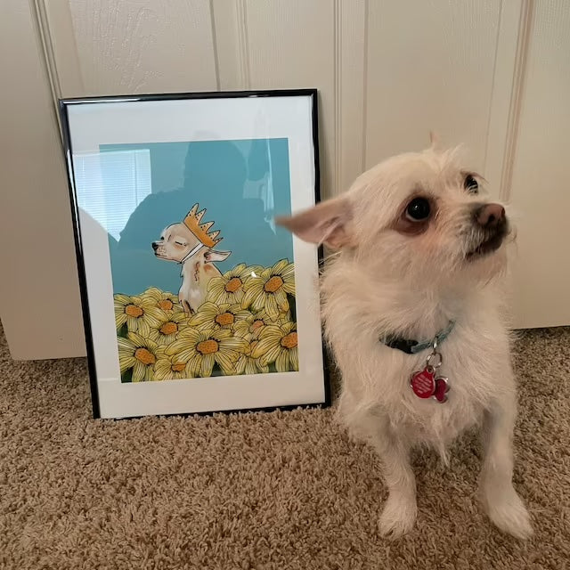 a photo of a white small dog next to a framed painting of a crowned dog in a field of flowers