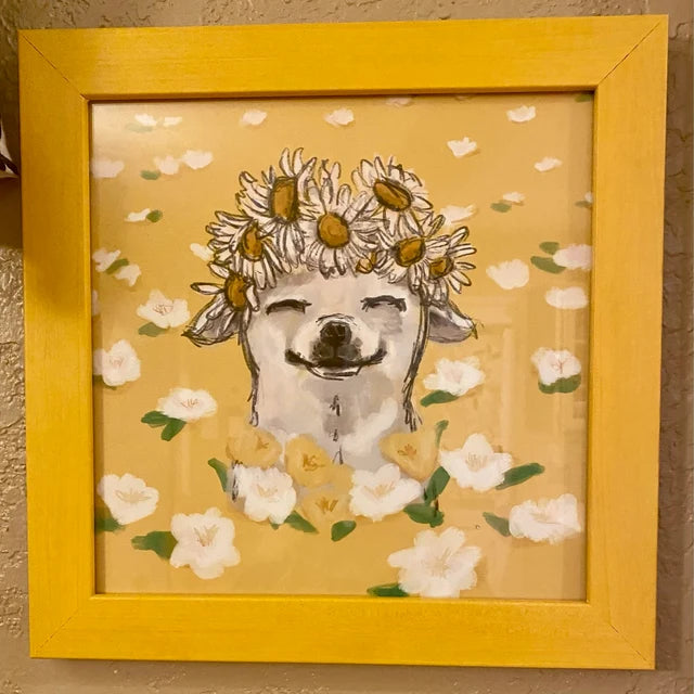 yellow dog painting chihuahua art print in a yellow frame from a sleepy chi shopper review