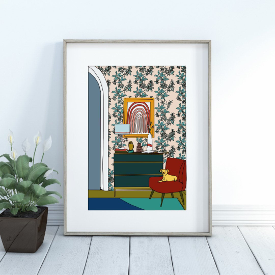 chihuahua in waiting - dog art print - chihuahua wall art and home decor in a silver frame propped on the floor