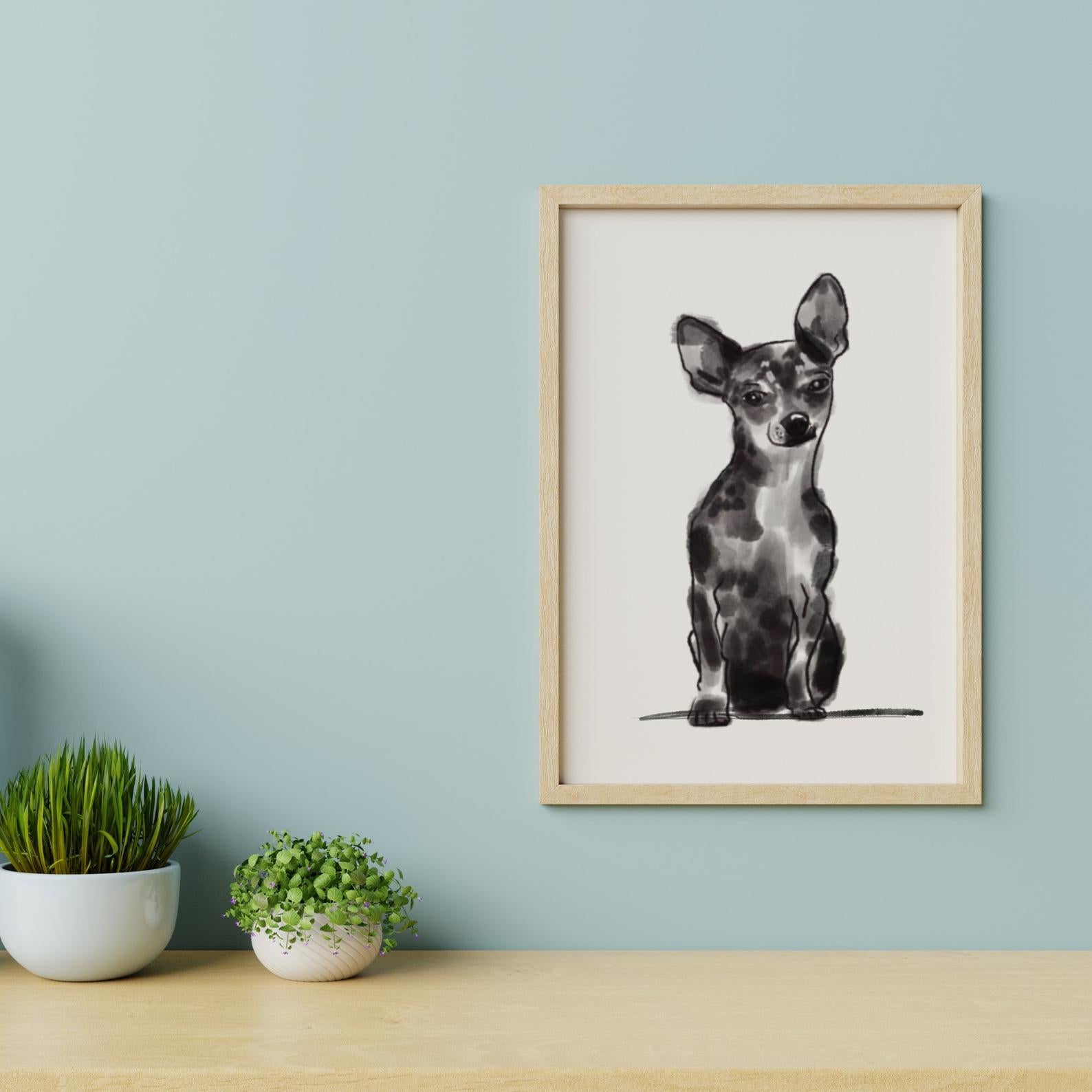 Black & White Shorthaired Chihuahua Art Print - Sleepy Chi in a wooden frame on a light blue wall