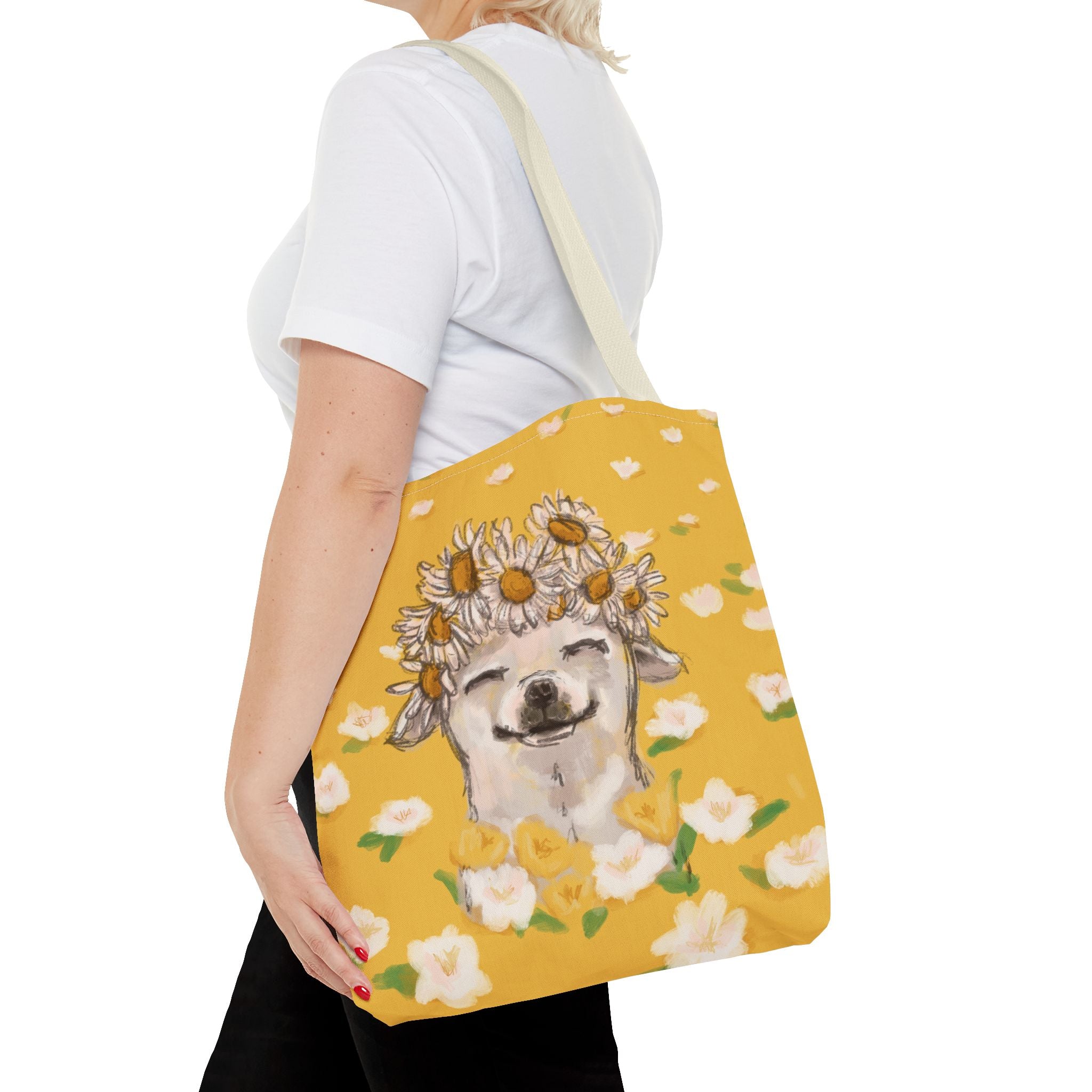 Chihuahua Tote Bag with Royal-Chi Crown and Flower Meadow Design