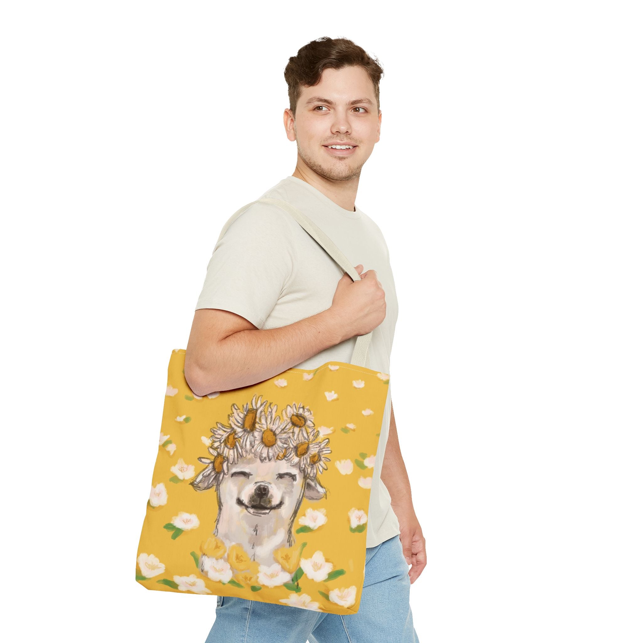 Chihuahua Tote Bag with Royal-Chi Crown and Flower Meadow Design