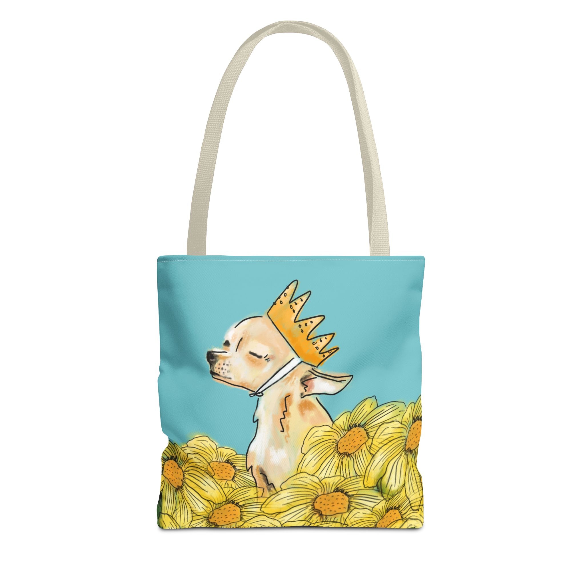 blonde chihuahua in a field of yellow flowers on a tote bag