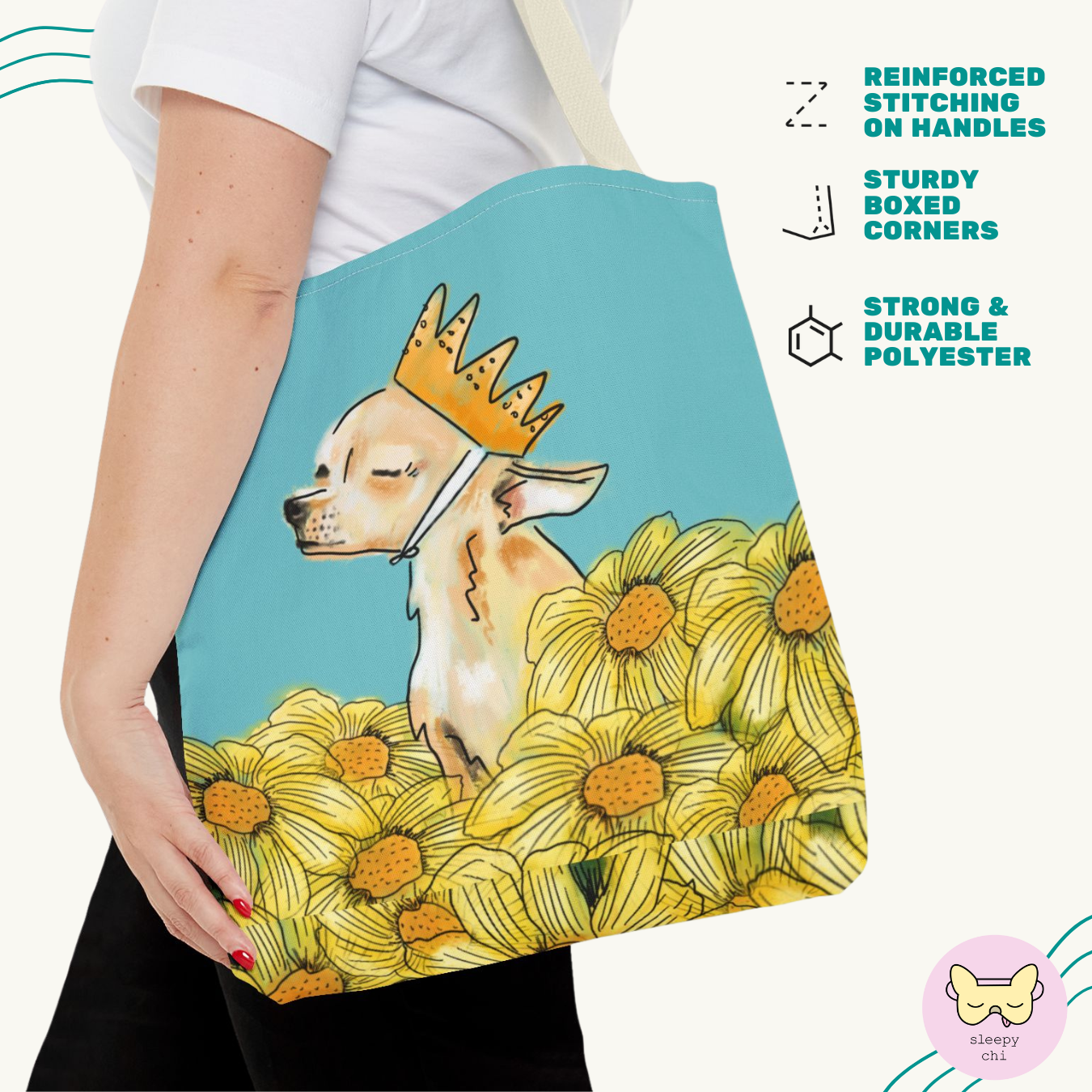 Chihuahua Tote Bag - Royal-Chi Pup and Flowers Design - Flower Power