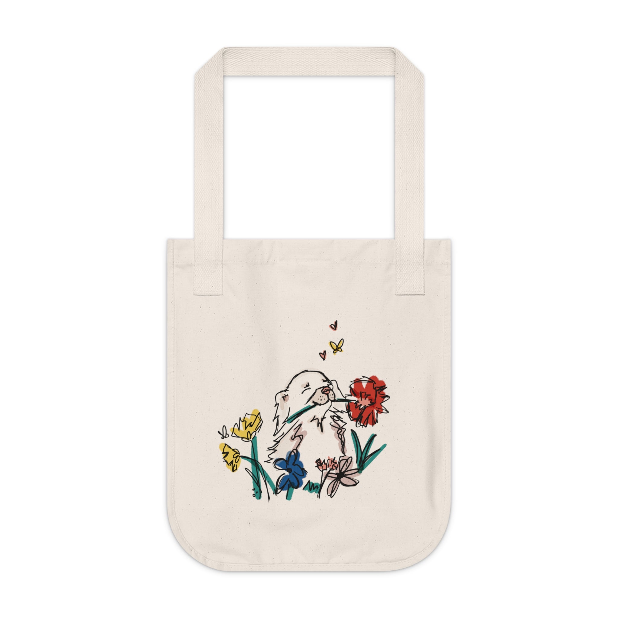 small dog sketch with flowers on an organic cotton tote bag