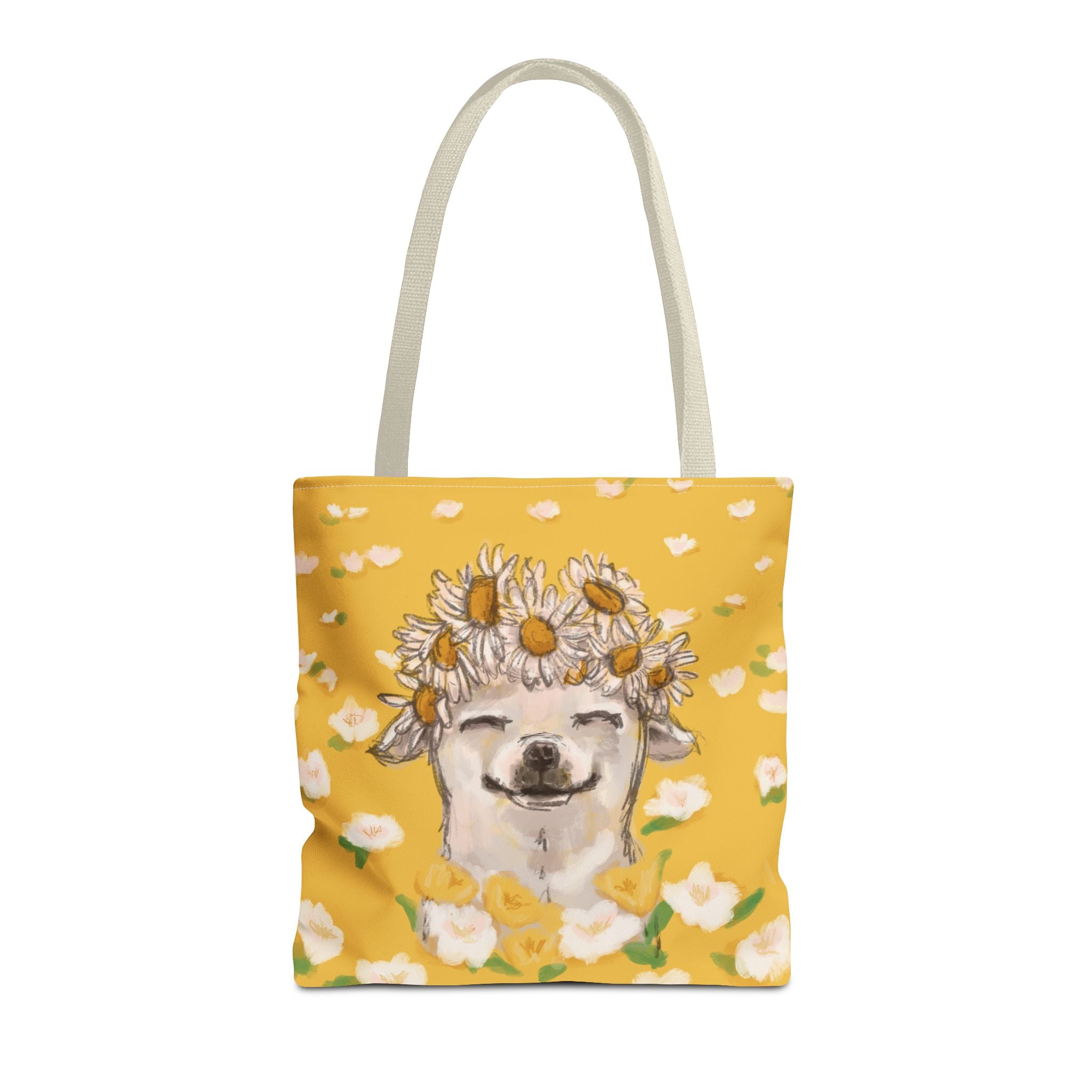 yellow tote bag with a white chihuahua wearing a white daisy flower crown