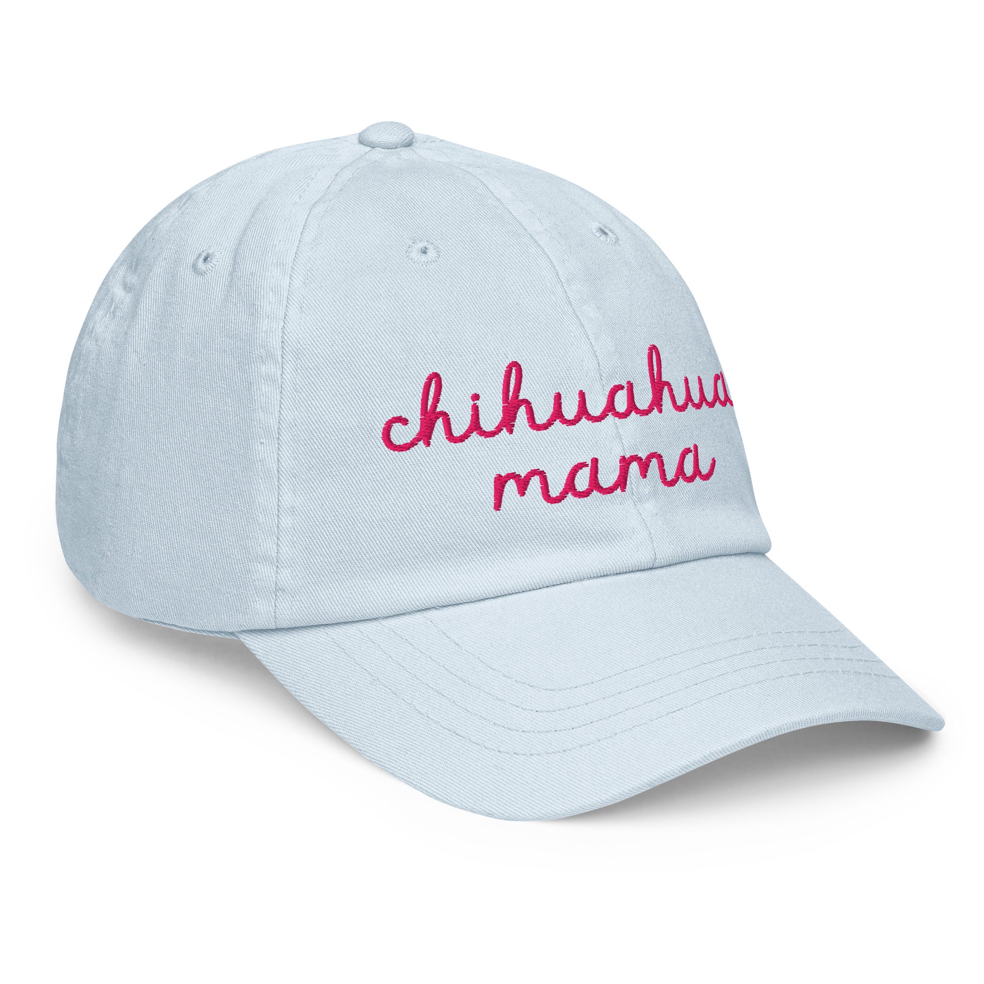 Chihuahua Mama Pastel Blue Dad Hat - front side view - great gift for chihuahua lovers at sleepy chi