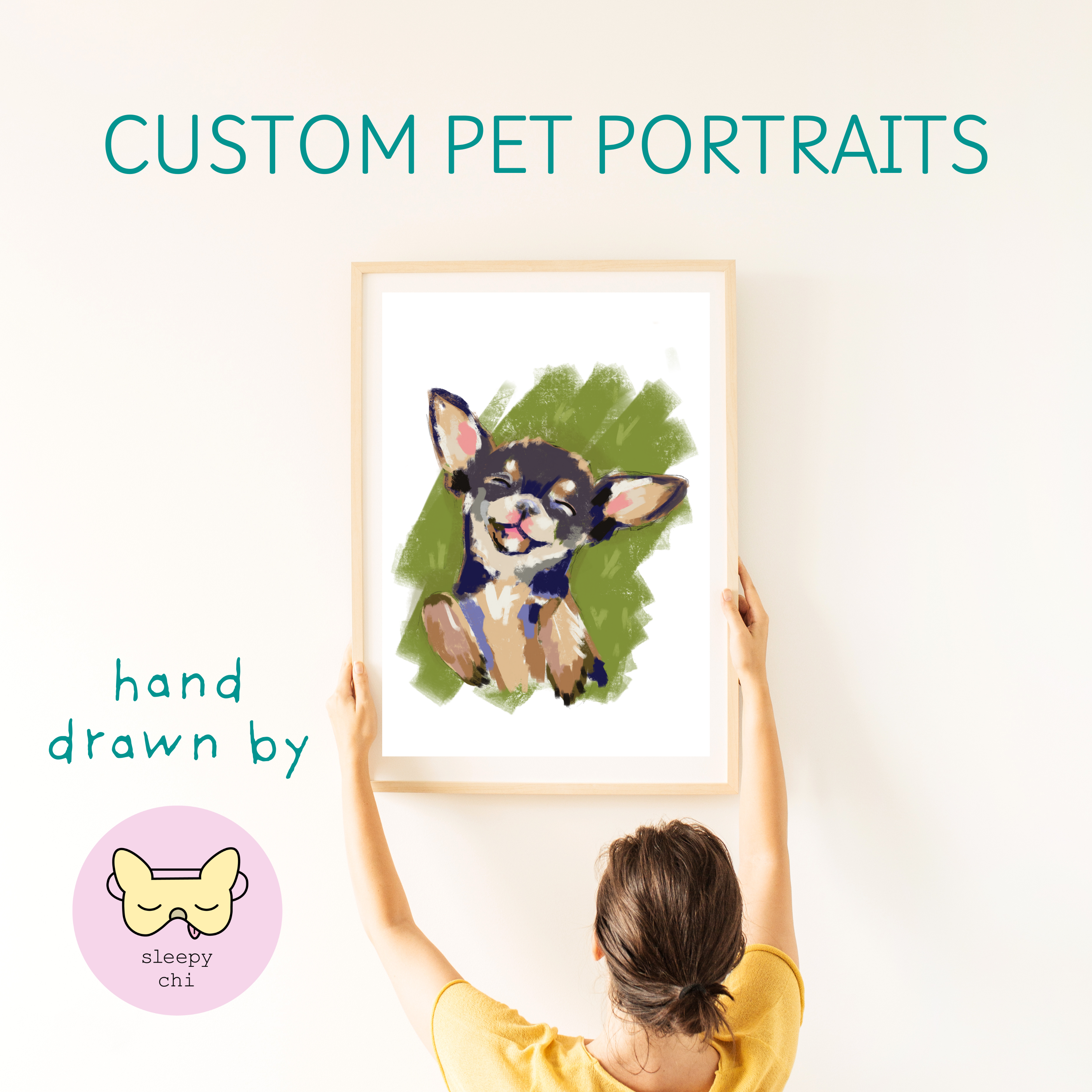 Woman hanging up a Custom-pet portrait-small dog painting hand drawn at sleepy chi - black and tan chihuahua with a green background 