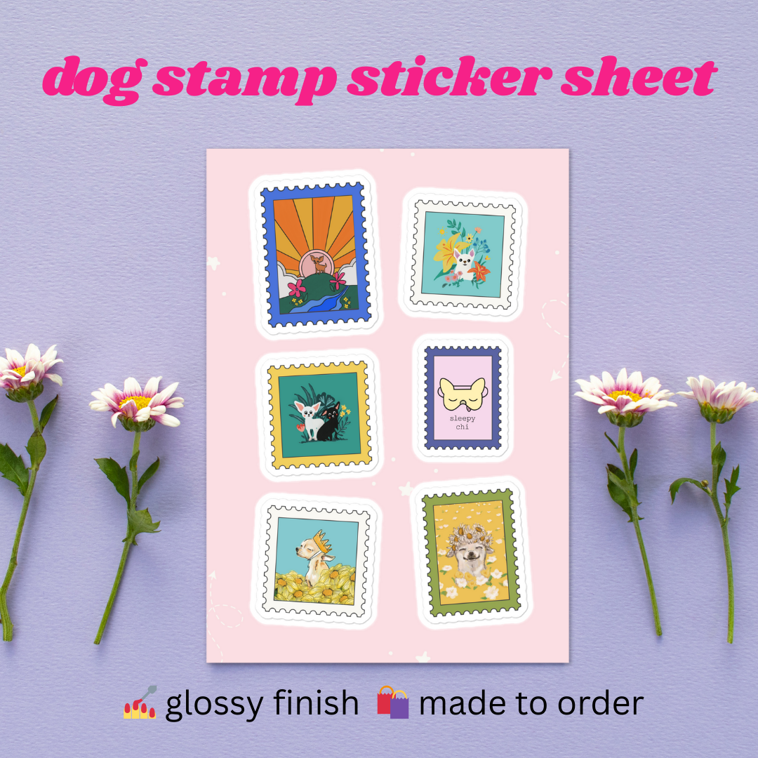 cute dog stamp sticker sheet in a mock up next to flowers on a lavender background says glossy finish made to order