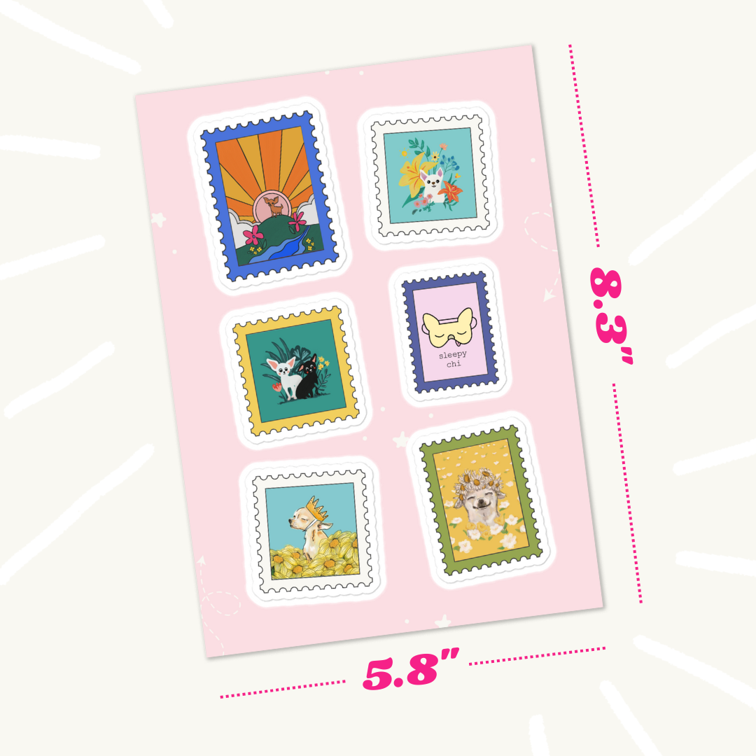 cute dog stamp sticker sheet that has the dimensions overlay 8 inches by 5 inches