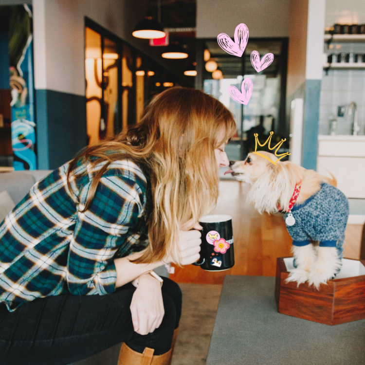 a long hair woman leaning towards a small dog licking and an illustrated crown on its face with doodled hearts above them