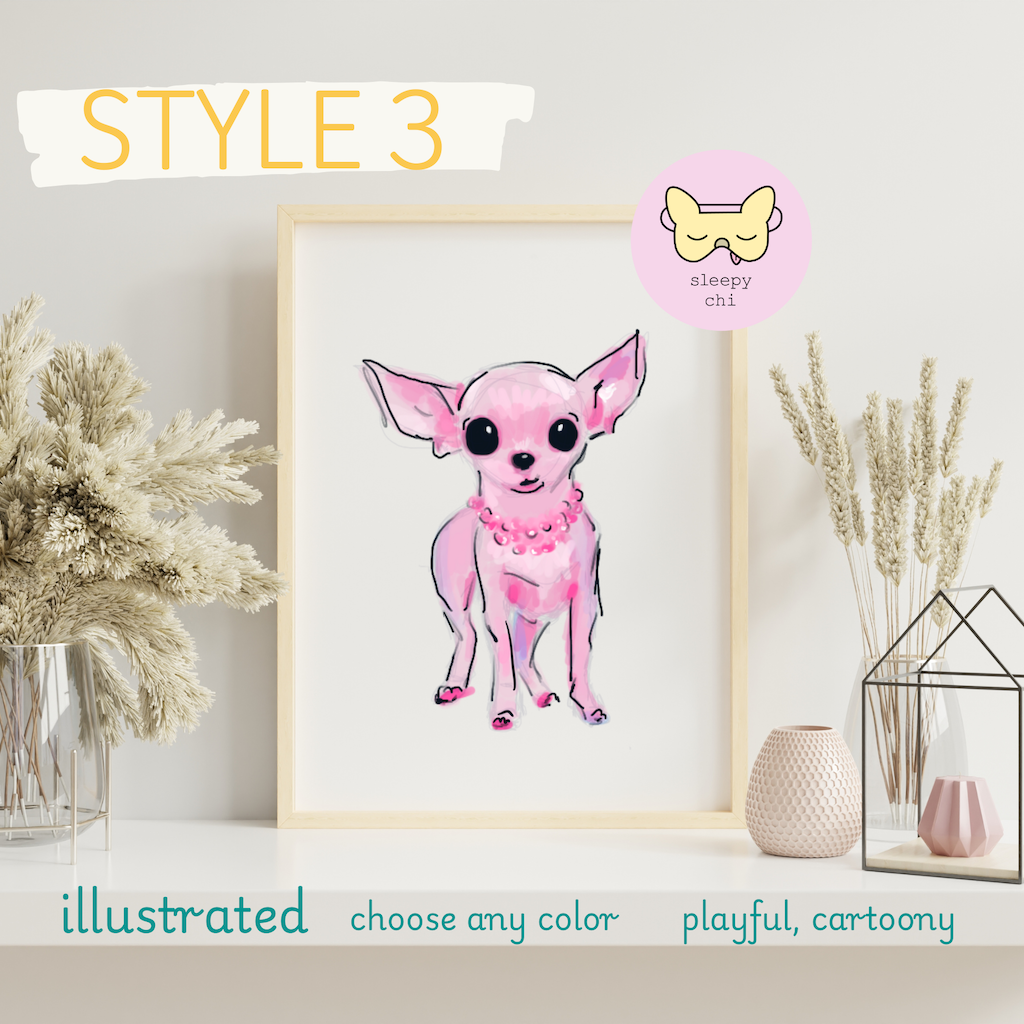 Style 3 - fancy pink chihuahua art dog painting - art print in a frame on a shelf - Custom Pet Portrait - Sleepy Chi
