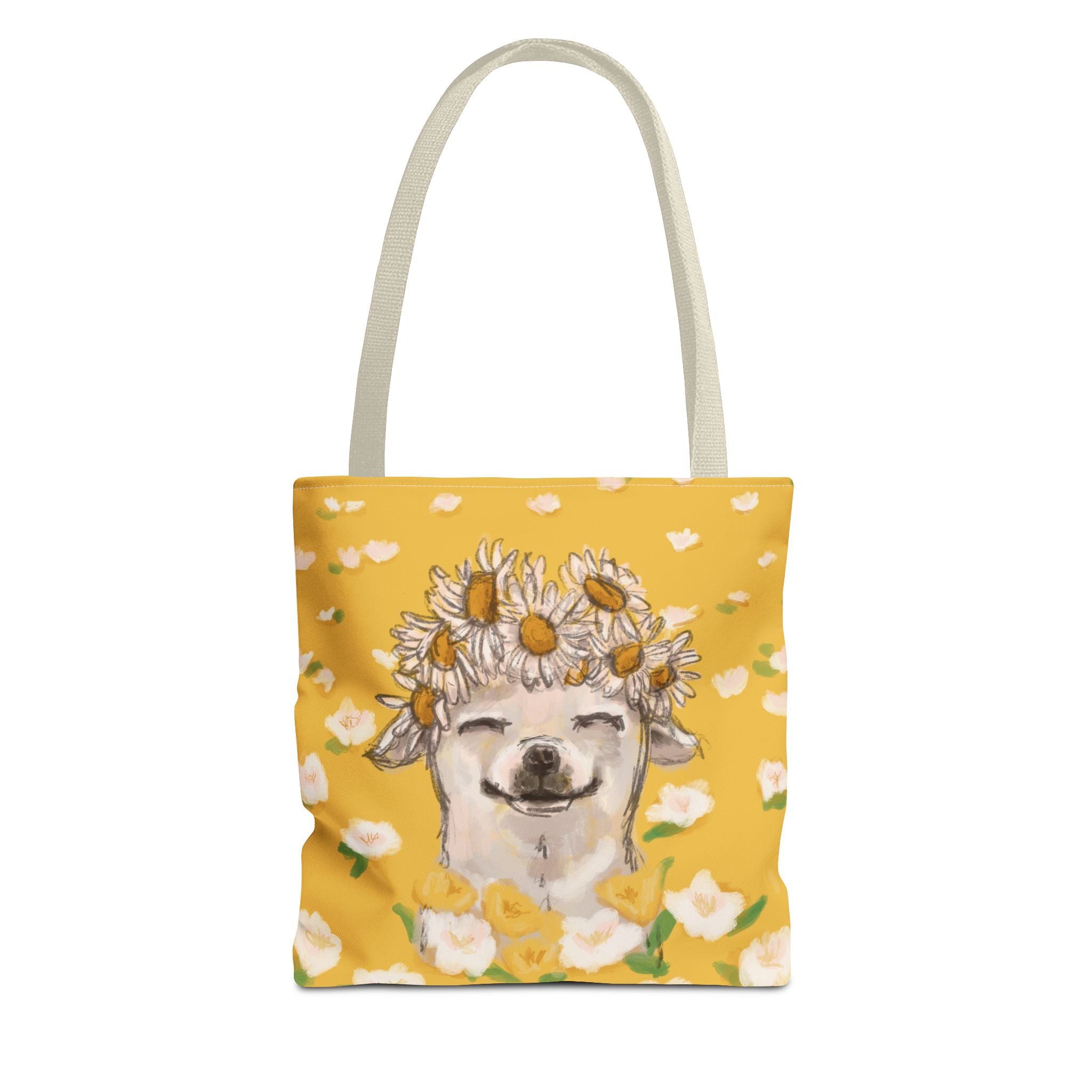 Yellow Chihuahua Tote Bag with Flower Crown in a Meadow Design - small size