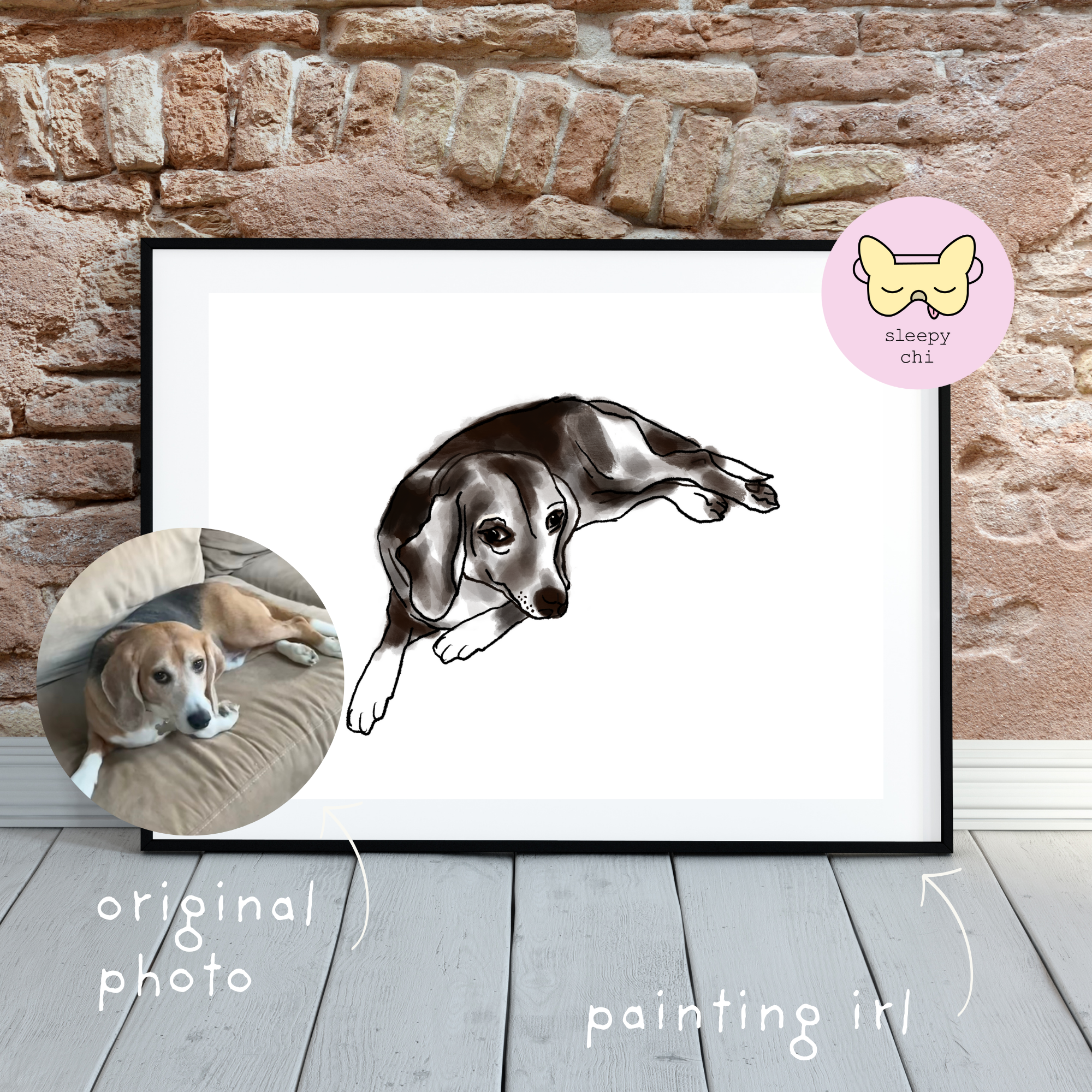 comparing the original dog photo to the custom small dog painting in a frame at sleepy chi