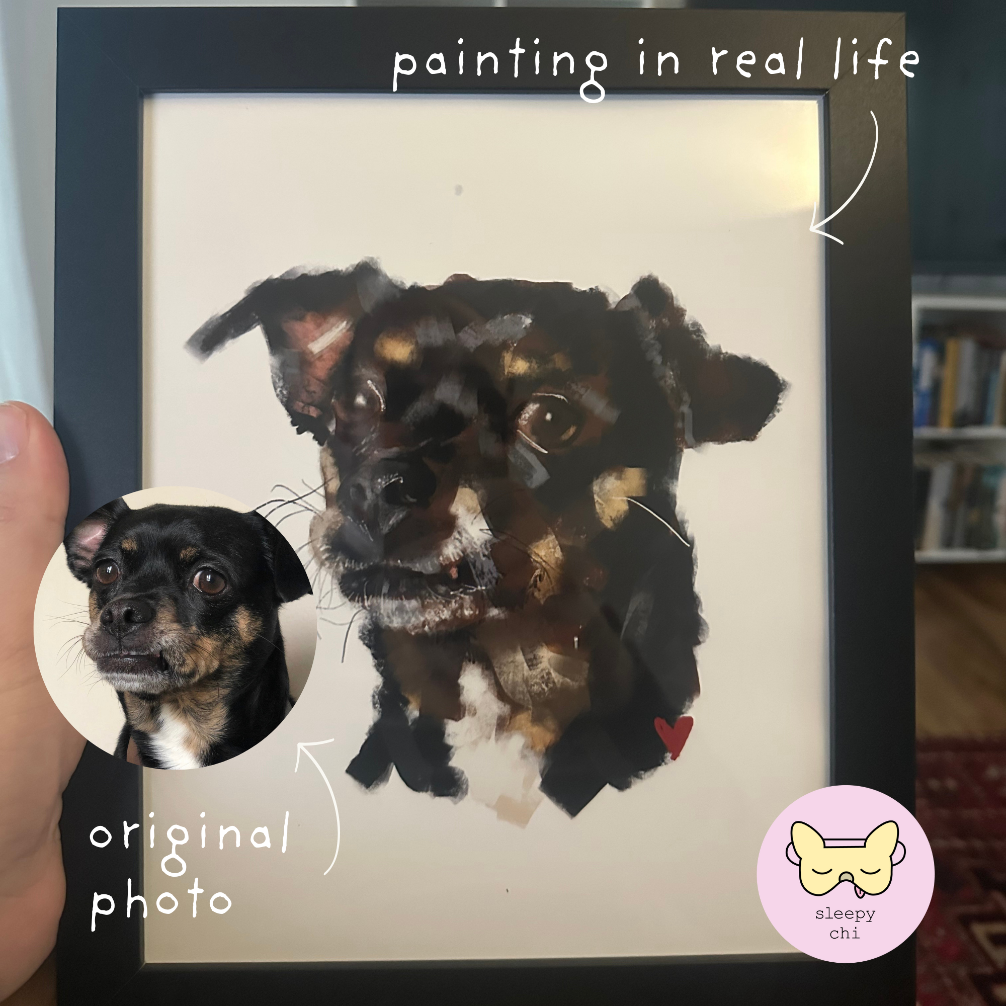 black and tan chihuahua art in real life in a frame from sleepy chi - showing the original photo compared to the dog painting in a frame