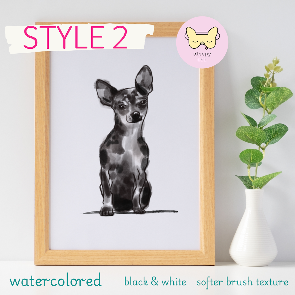 style two - watercolor pen and ink - black and white - colorful chihuahua dog painting in a frame on a shelf next to a tiny plant Custom Pet Portrait and art print - Sleepy Chi
