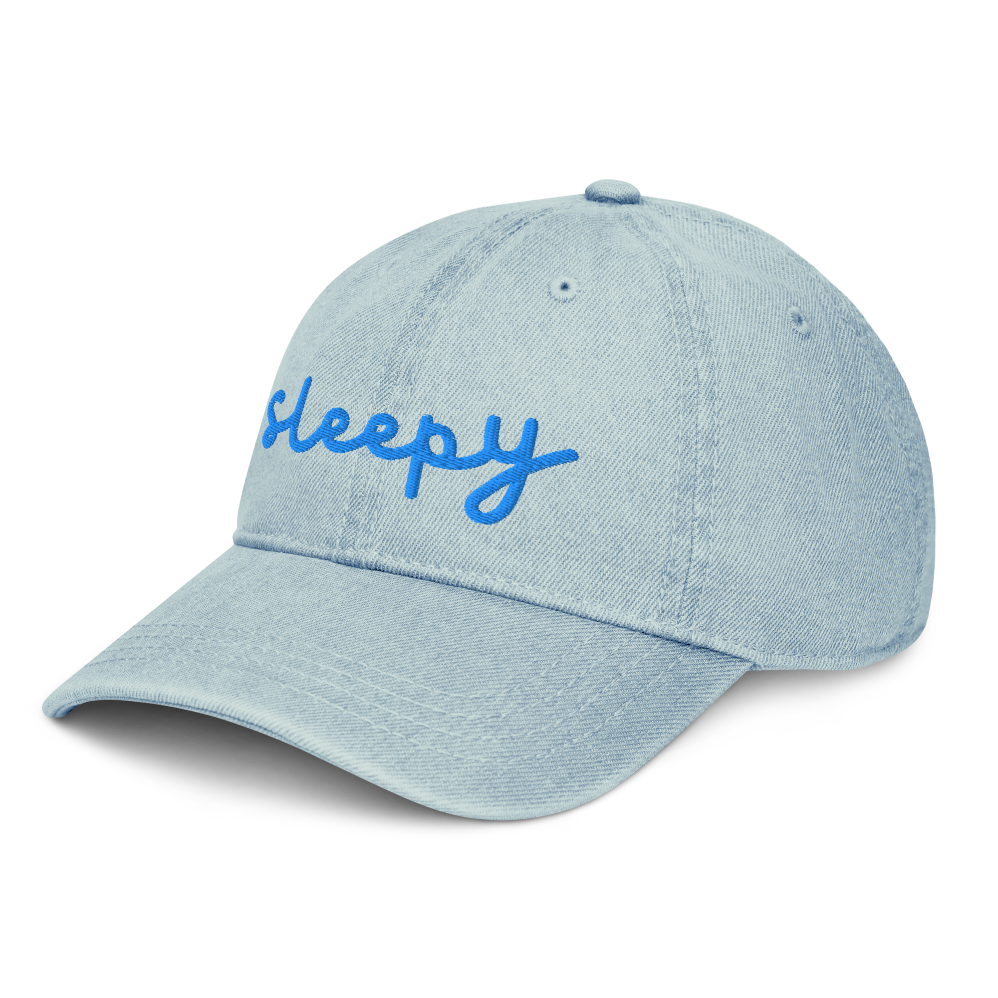 blue light denim dad hat with sleepy embroidered on it - side view - great gift for sleepy people