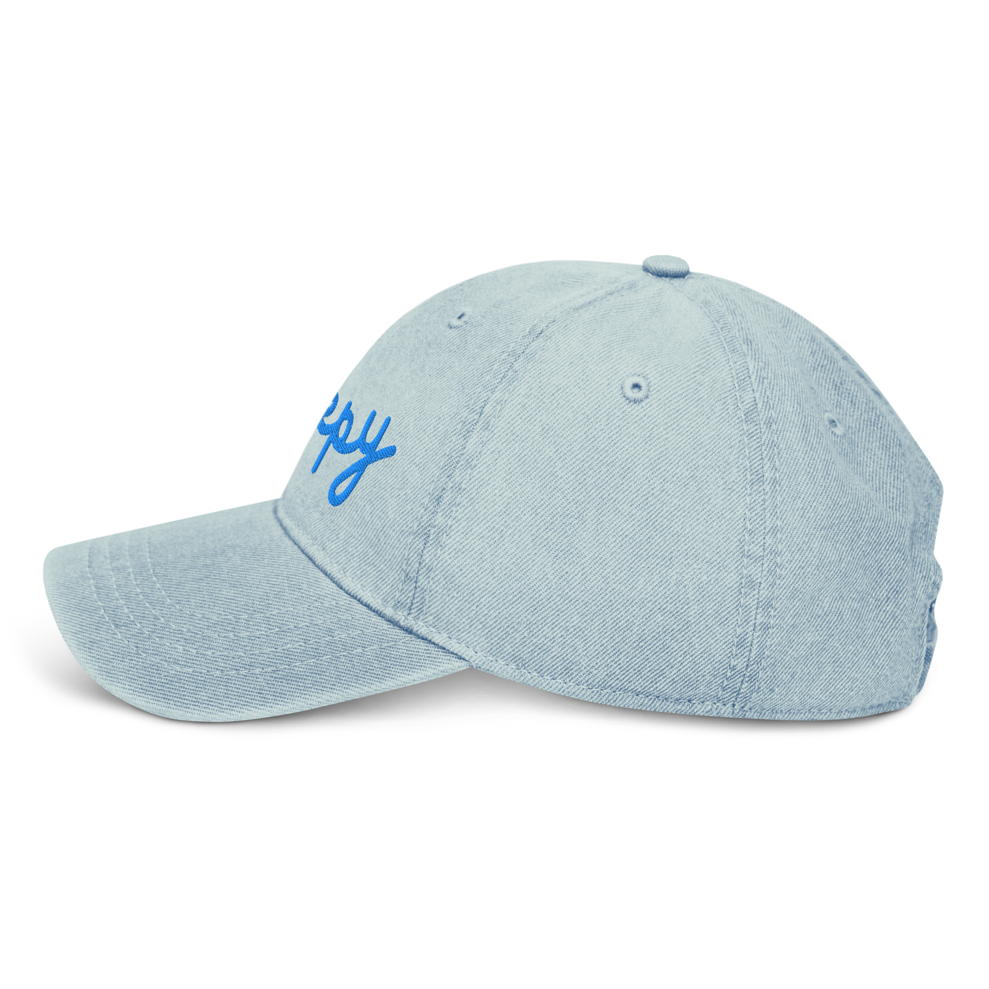 blue light denim dad hat with sleepy embroidered on it - side view at sleepy chi - great gift for sleepy people