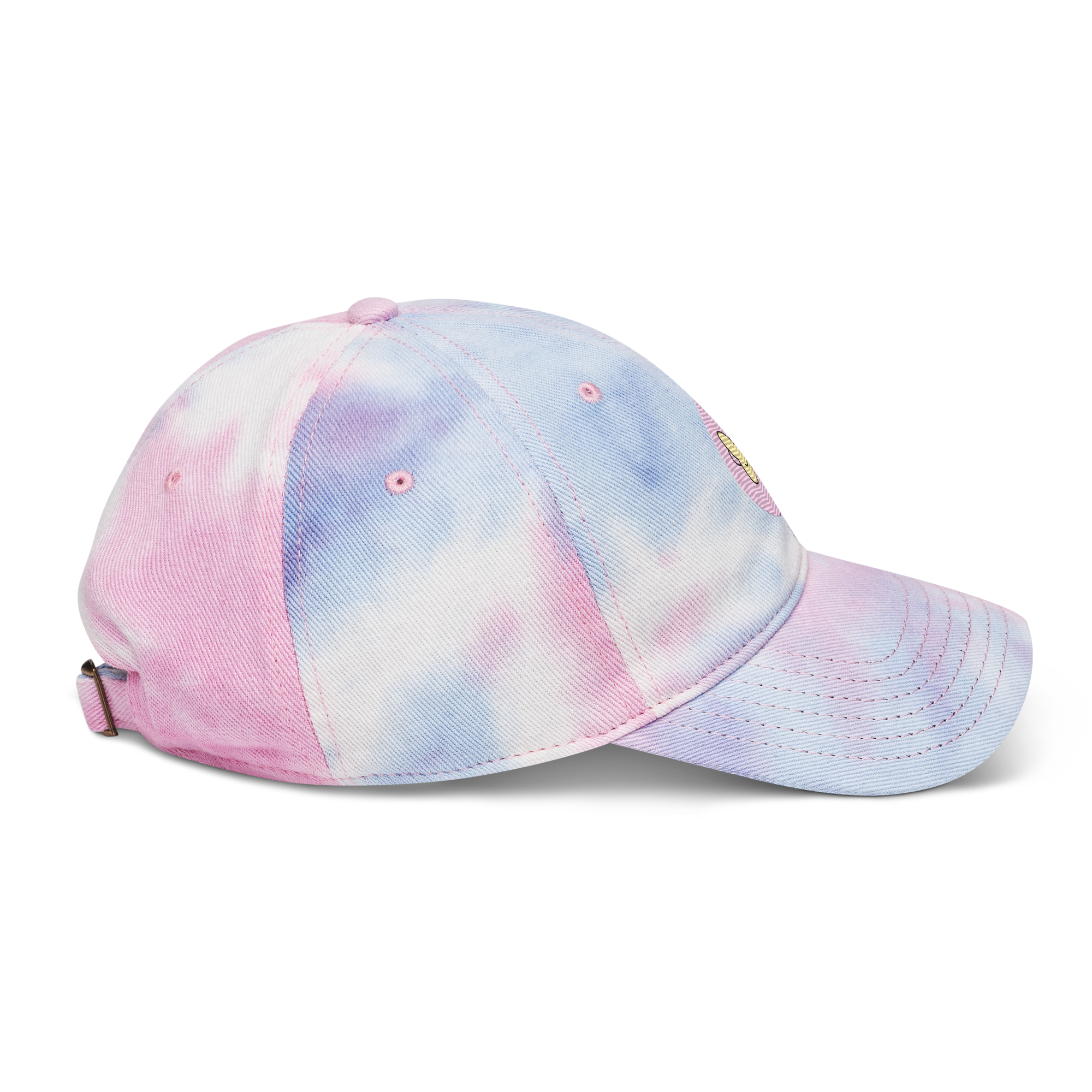 side view of sleepy chi pink and purple tie dye dad hat for chihuahua lovers with sleep mask logo on it - small dog owner gifts