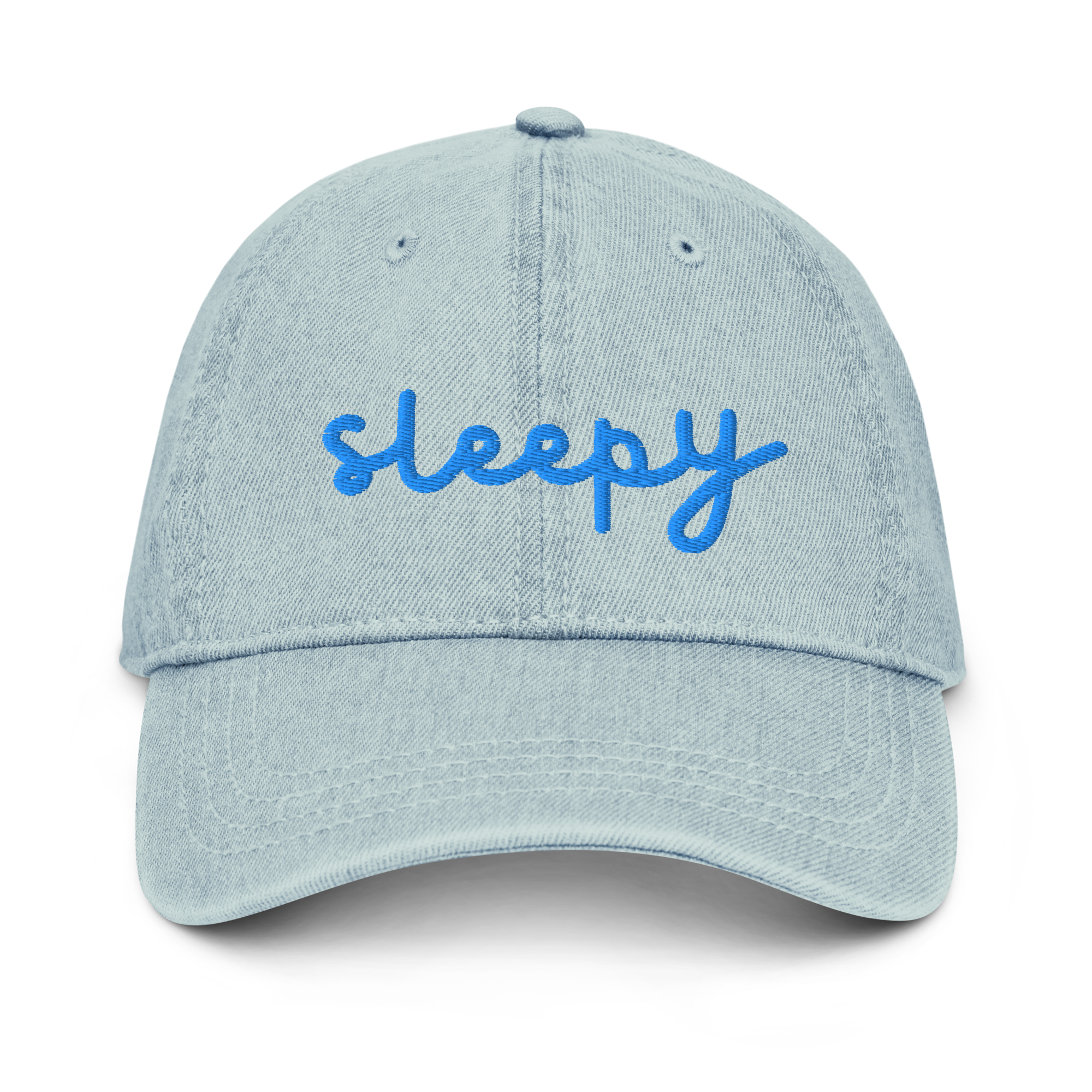 blue light denim dad hat with sleepy embroidered on it - front view - great gift for sleepy people