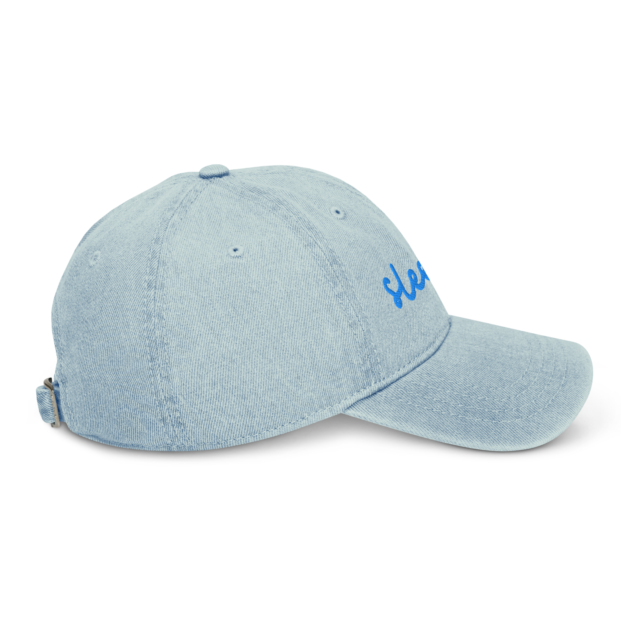 blue light denim dad hat with sleepy embroidered on it - side view at sleepy chi