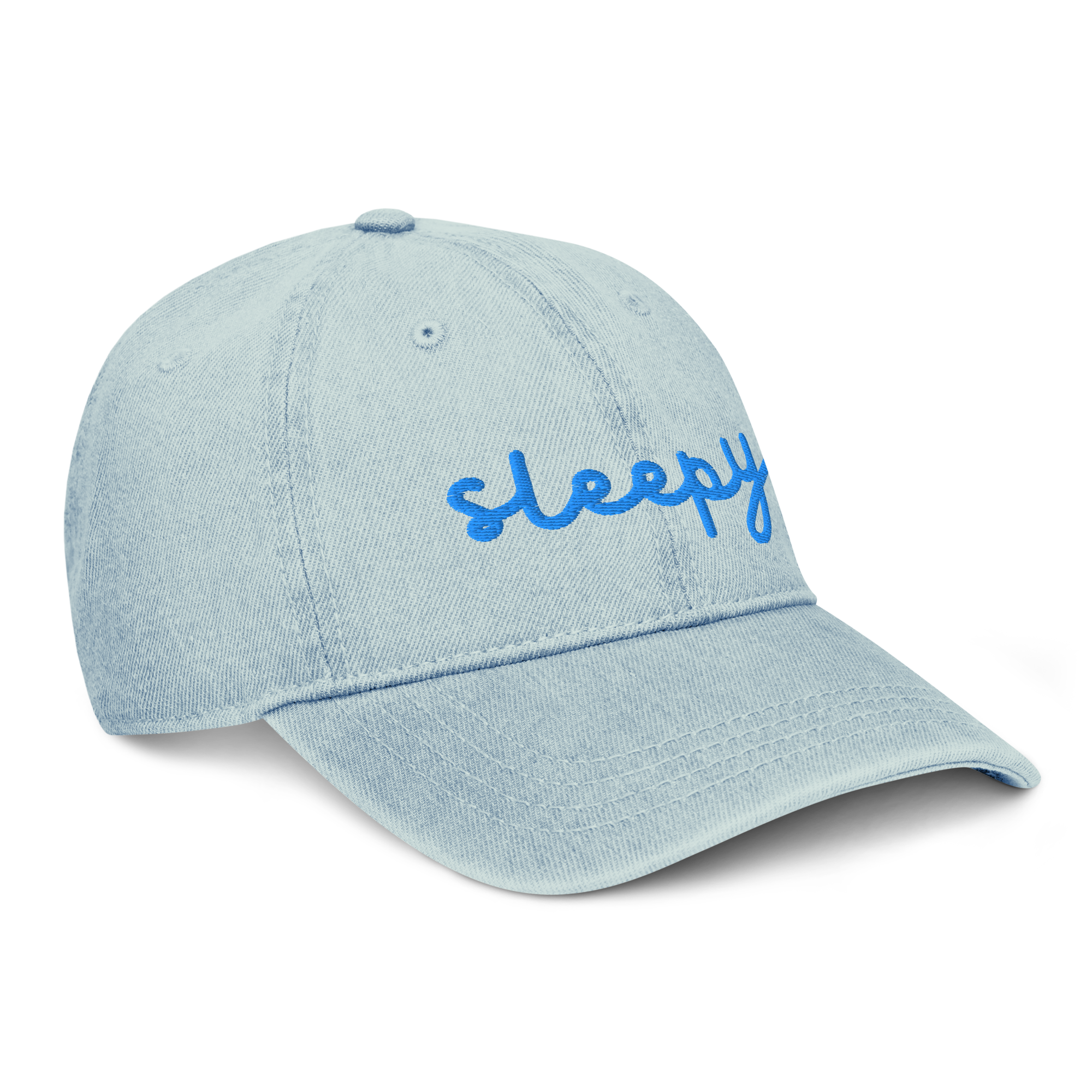 blue light denim dad hat with sleepy embroidered on it - front side view on sleepy chi - great gift for chihuahua lovers and sleepy people