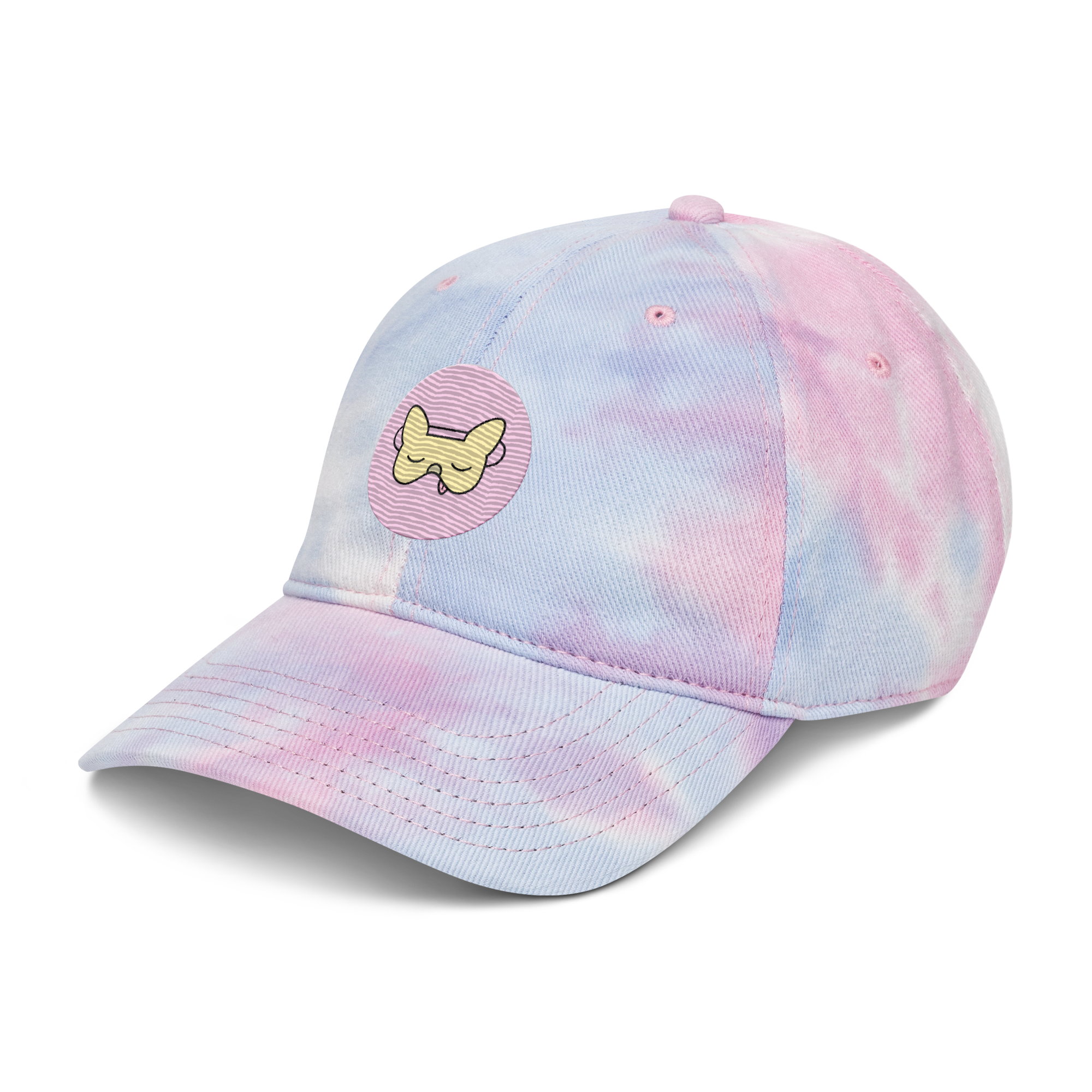 side view of sleepy chi pink and purple tie dye dad hat for chihuahua lovers with sleep mask logo on it