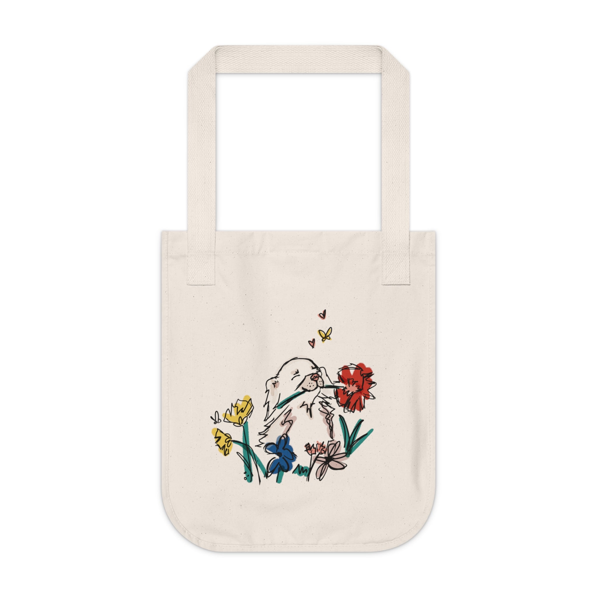 small dog sketch with flowers on an organic cotton tote bag - unique gifts for dog owners 100 organic cotton Canvas Tote Bag at sleepy chi - sustainable ecofriendly cute and unique gifts for dog owners