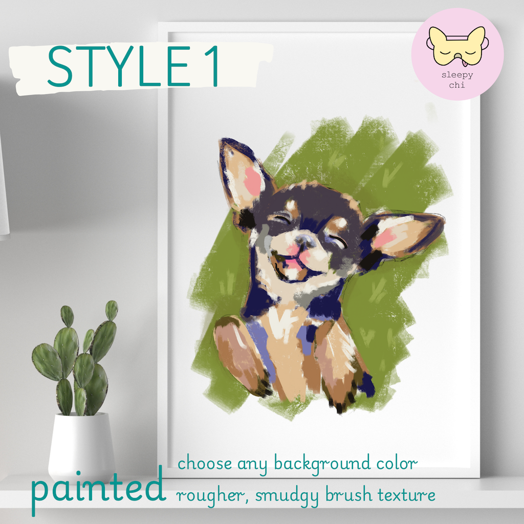style one painted - colorful chihuahua dog painting in a frame on a shelf next to a tiny cactus Custom Pet Portrait and art print - Sleepy Chi