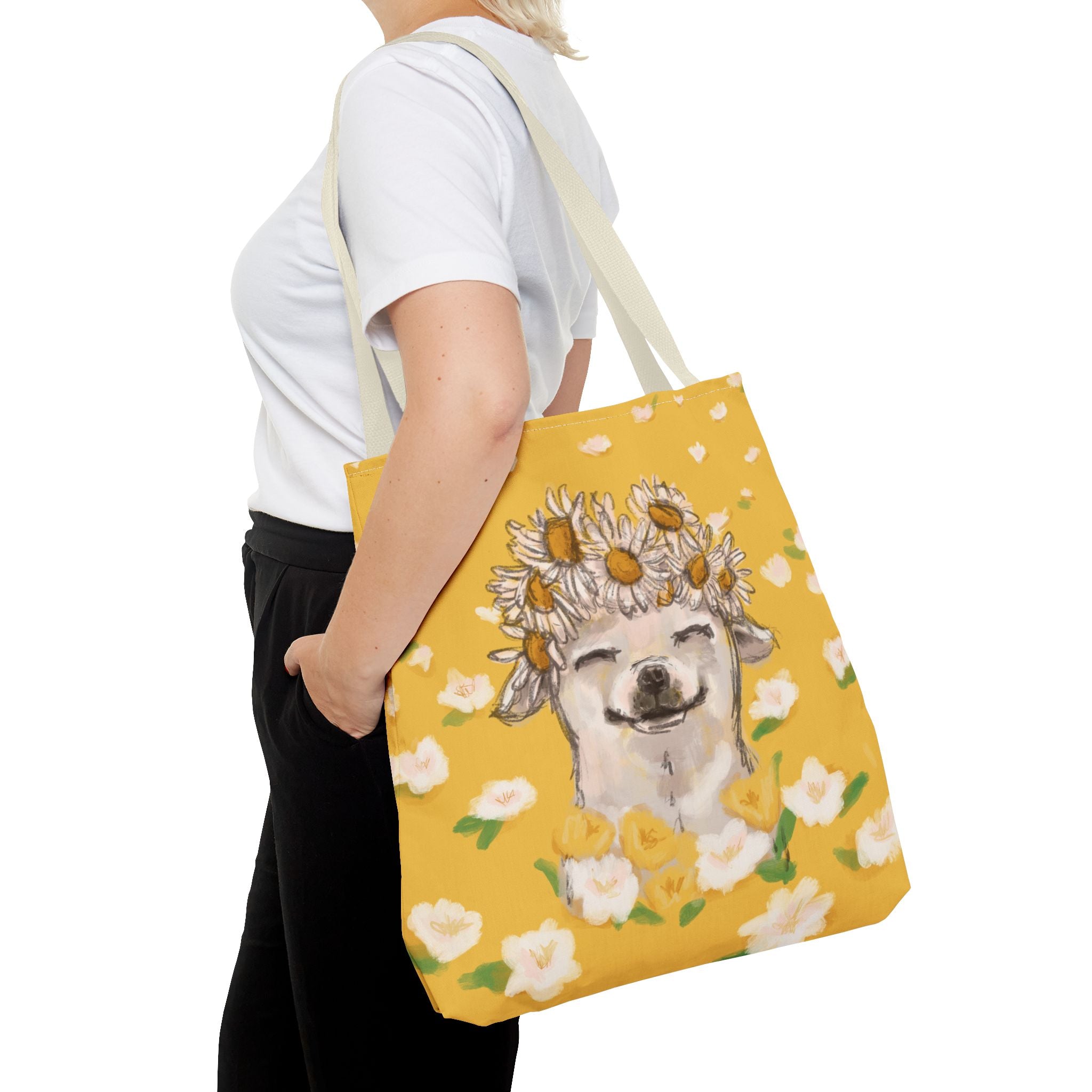 yellow tote bag with a white chihuahua wearing a white daisy flower crown -large size at sleepy chi - great gift for small dog lovers - woman carrying bag