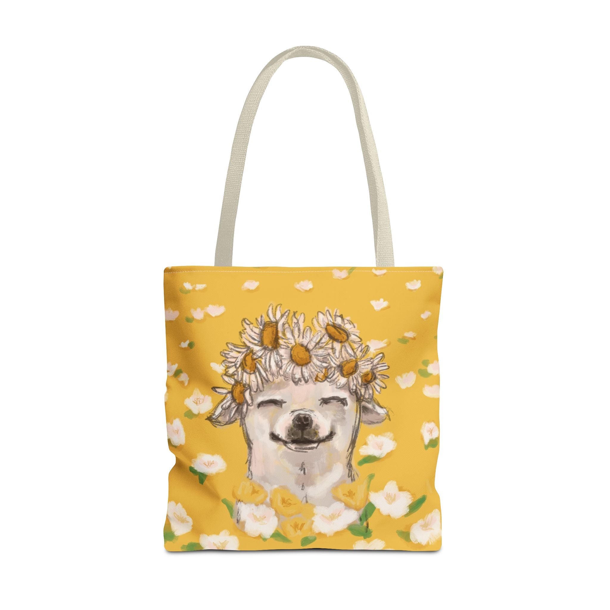 yellow tote bag with a white chihuahua wearing a white daisy flower crown - large size