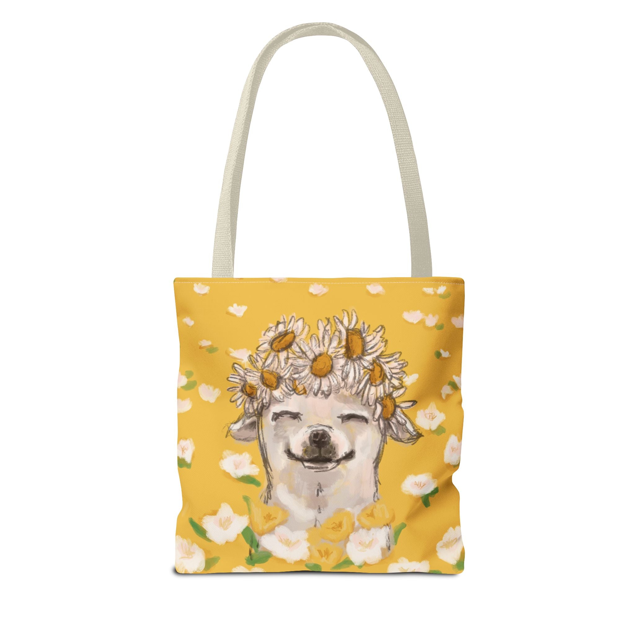 yellow tote bag with a white chihuahua wearing a white daisy flower crown - large size at sleepy chi - great gift for small dog lovers