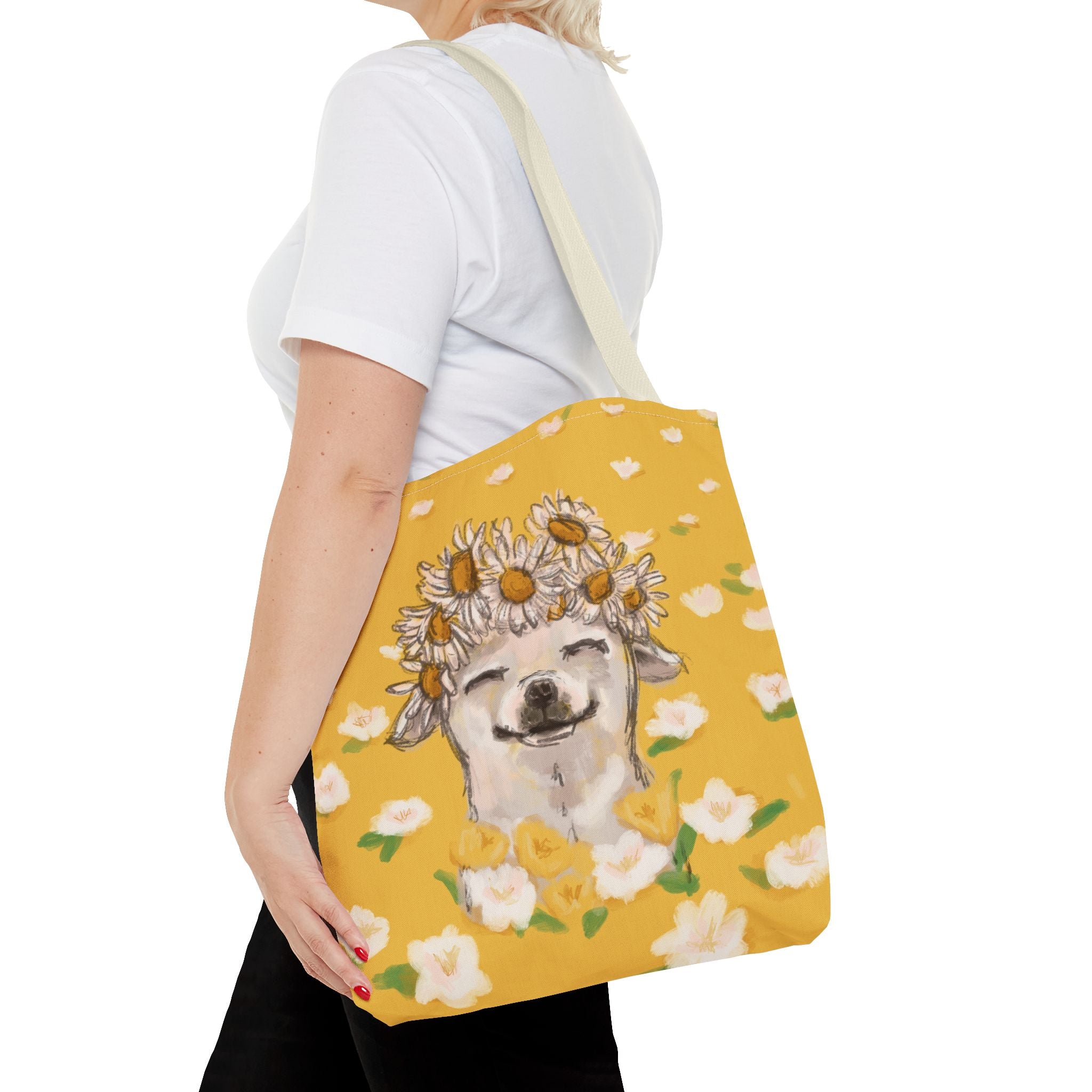 yellow tote bag with a white chihuahua wearing a white daisy flower crown -large size at sleepy chi - great gift for small dog lovers - woman carrying bag
