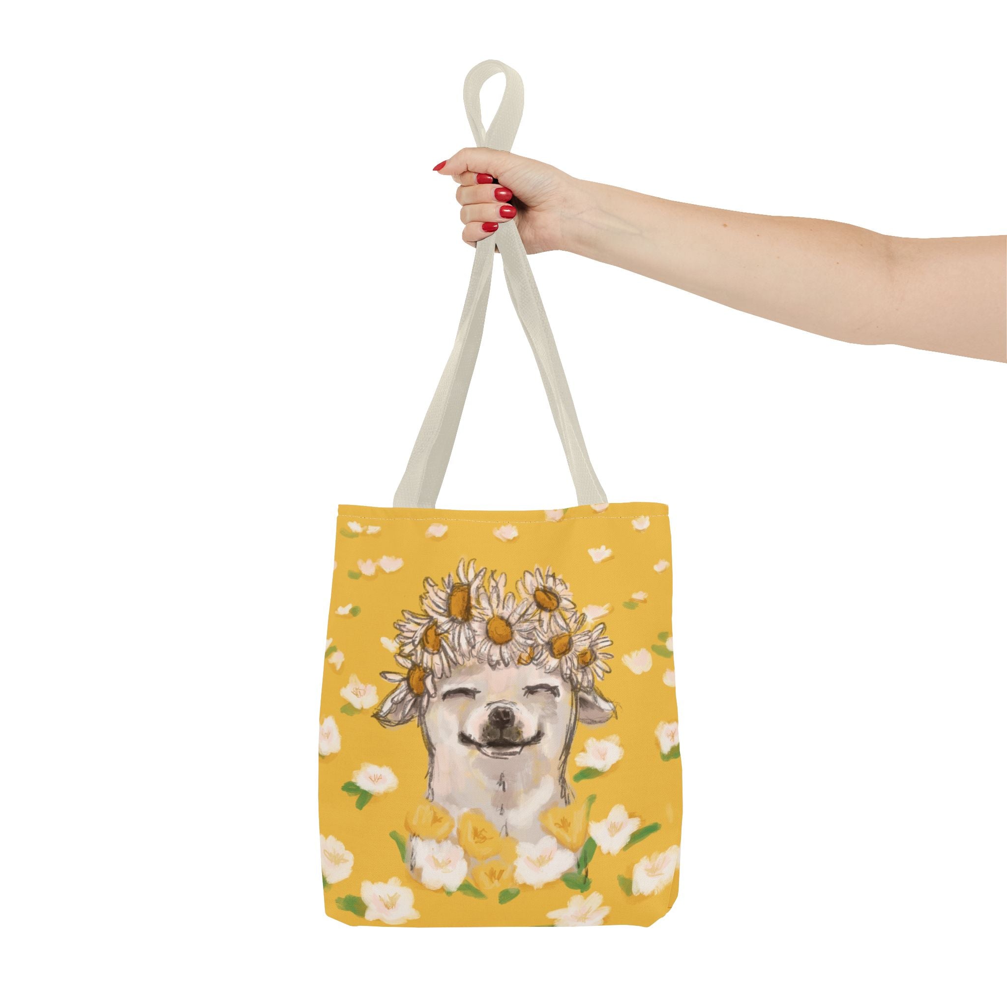 yellow tote bag with a white chihuahua wearing a white daisy flower crown -small size at sleepy chi - great gift for small dog lovers - woman holding bag