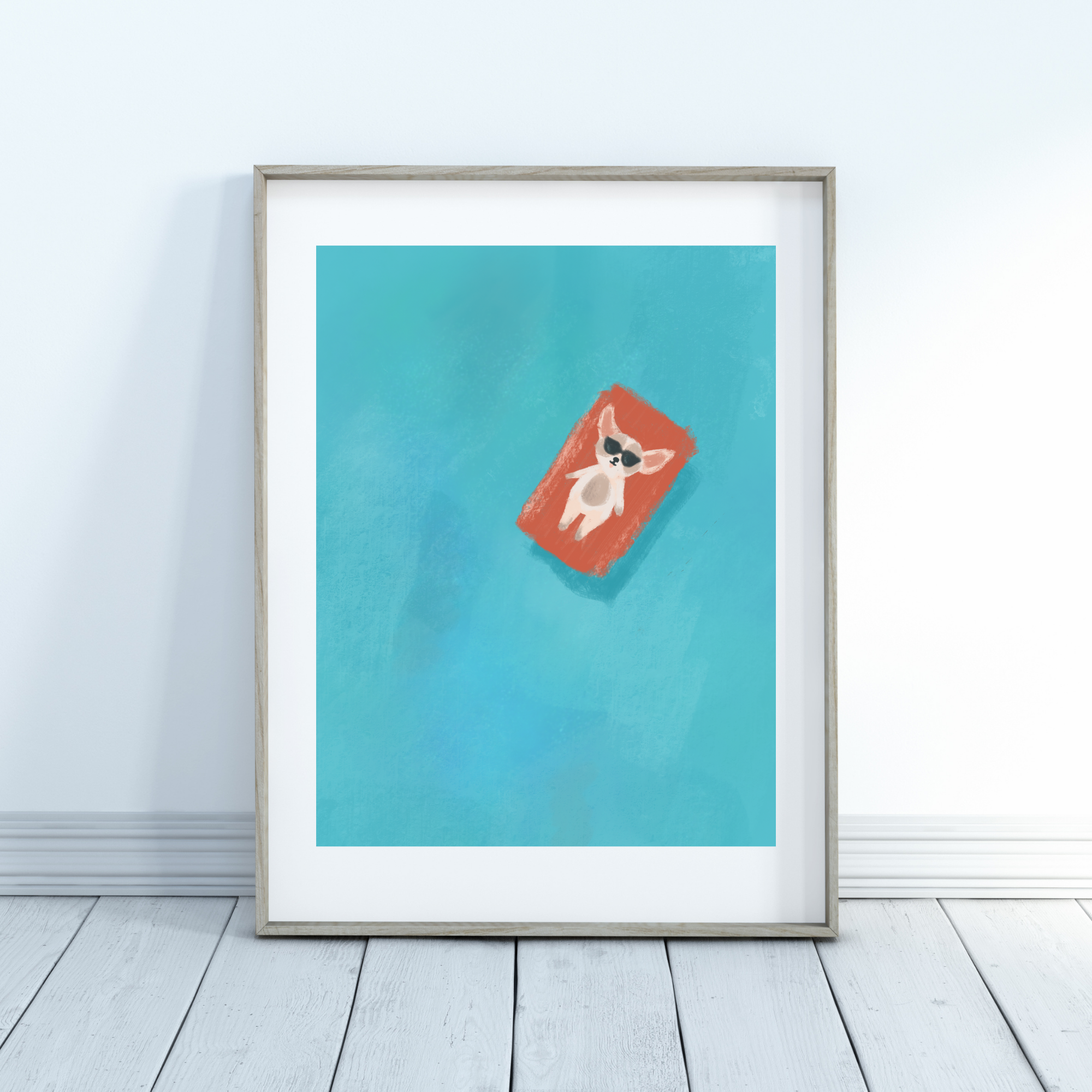 chihuahua art print, chihuahua in sunglasses laying on a life raft, pool house beach house lake house art