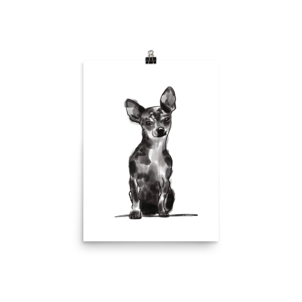 black and white watercolor of a deer headed chihuahua - art painting- dog art print - chihuahua wall art and home decor