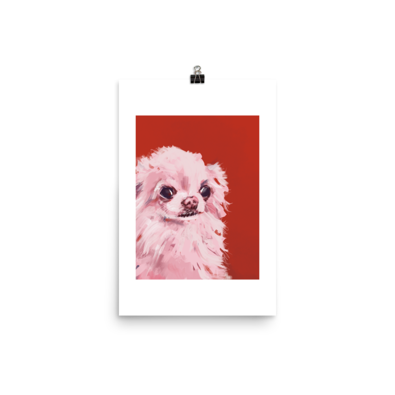 Big Eyes, Bigger Heart | Chihuahua Art Print - Sleepy Chi white and red chihuahua wall art- dog art print - longhaired painting of a white dog with big eyes with a binder clip