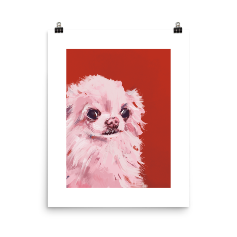 Big Eyes, Bigger Heart | Chihuahua Art Print - Sleepy Chi white and red chihuahua wall art- dog art print - longhaired painting of a white dog with big eyes with two binder clips