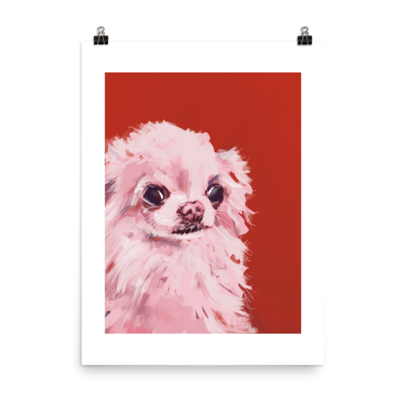 Big Eyes, Bigger Heart | Chihuahua Art Print - Sleepy Chi white and red chihuahua wall art- dog art print - longhaired painting of a white dog with big eyes with two binder clips