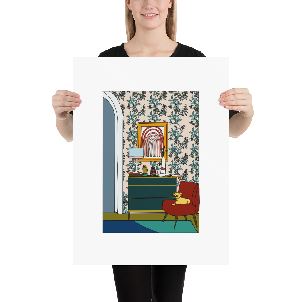 A Small Dog in Waiting | Chihuahua Art Print - Sleepy Chi with a blonde woman holding up the small dog poster