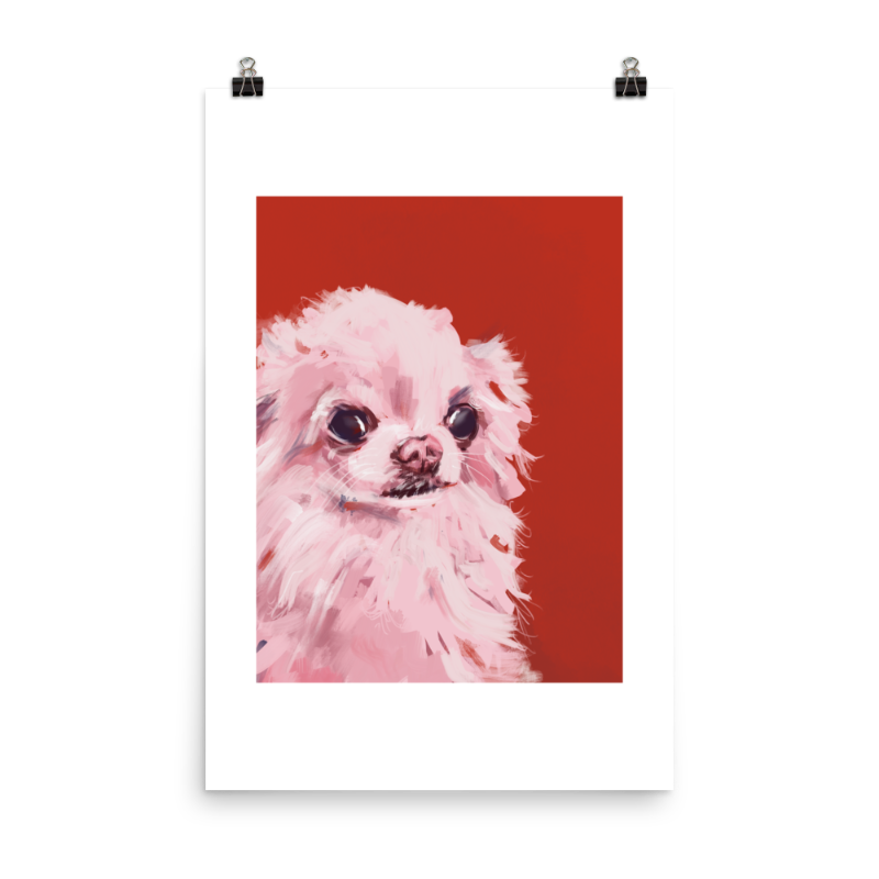 Big Eyes, Bigger Heart | Chihuahua Art Print - Sleepy Chi white and red chihuahua wall art- dog art print - longhaired painting of a white dog with big eyes with two binder clips